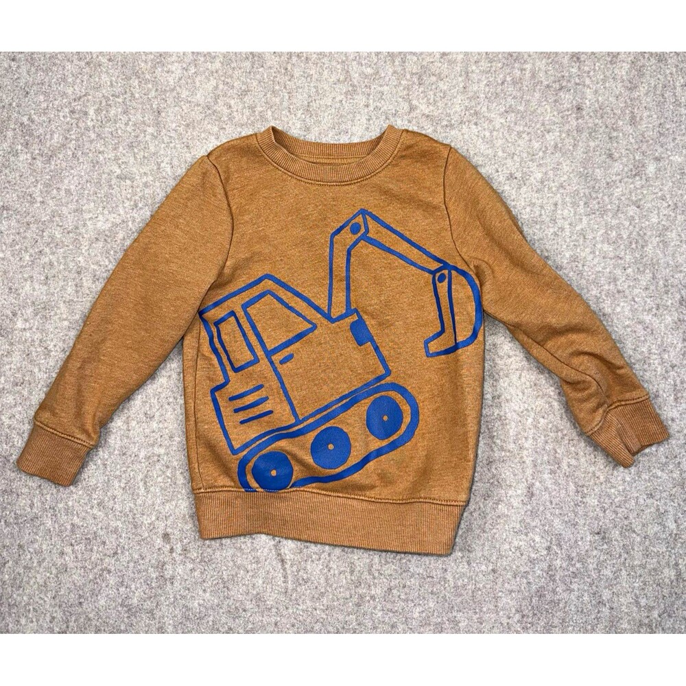 Cat & Jack Boys 3T Brown Fleece Pullover Crewneck Sweatshirt Excavator Graphic